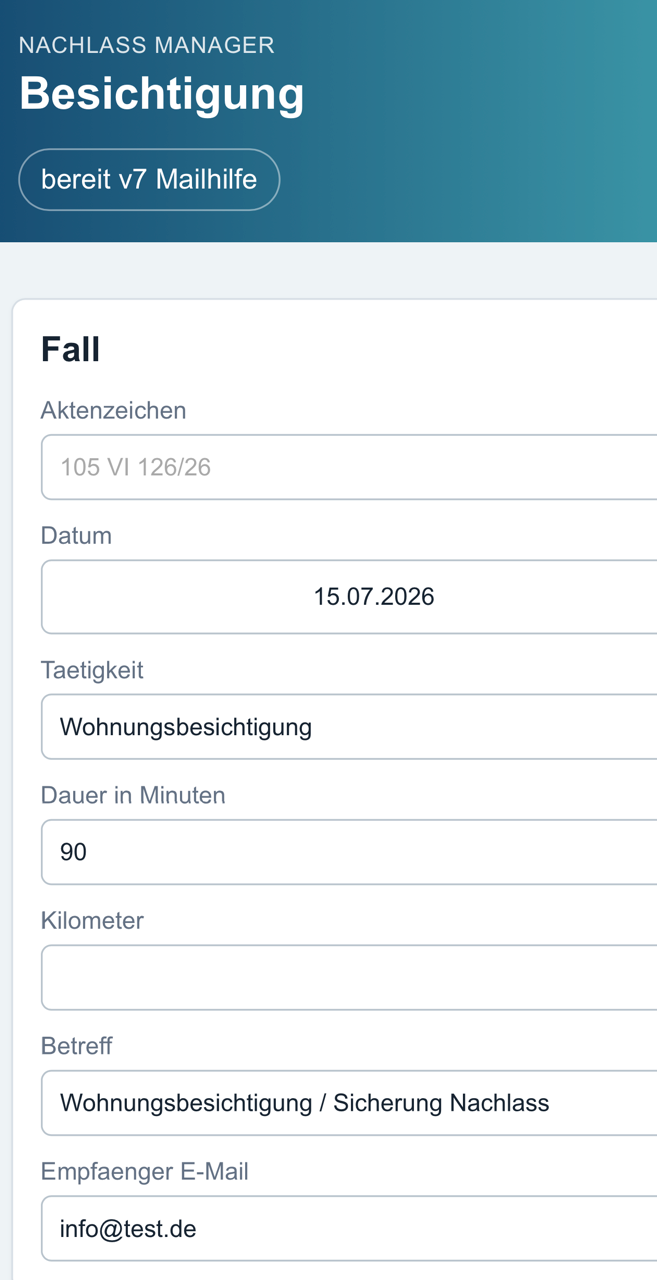 Besichtigungs-App mit Falldaten und Tätigkeit