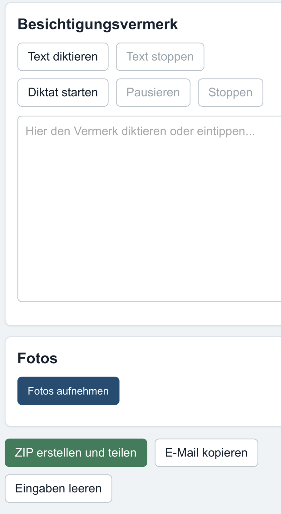 Besichtigungs-App mit Diktat, Fotos und ZIP-Erstellung